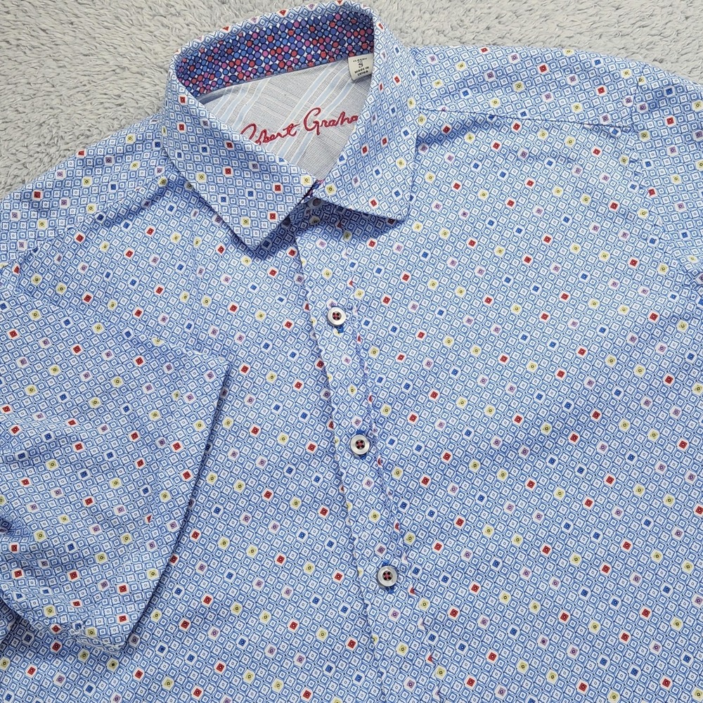 Robert Graham Shirt Mens Small Blue Geometric Short Sleeve Button Up Cotton
